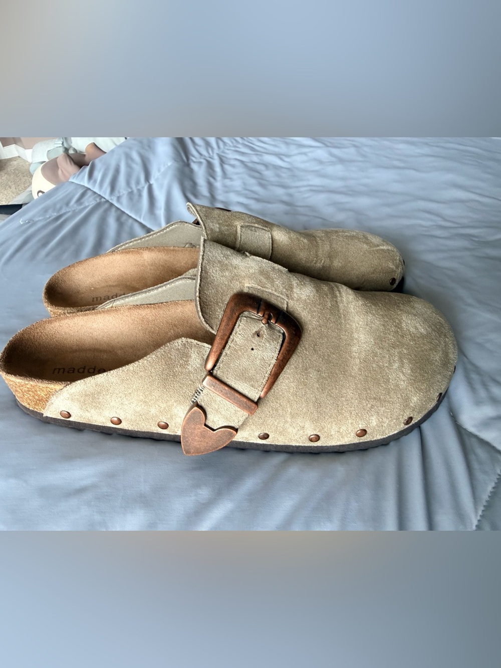 Madden Girl Taupe Suede Slip-On Clogs with Heart Buckle